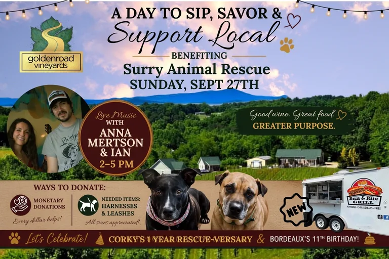 Benefit for Surry Animal Rescue with Live Music - Anna Mertson & Ian + Bun & Bite Grill Foodtruck