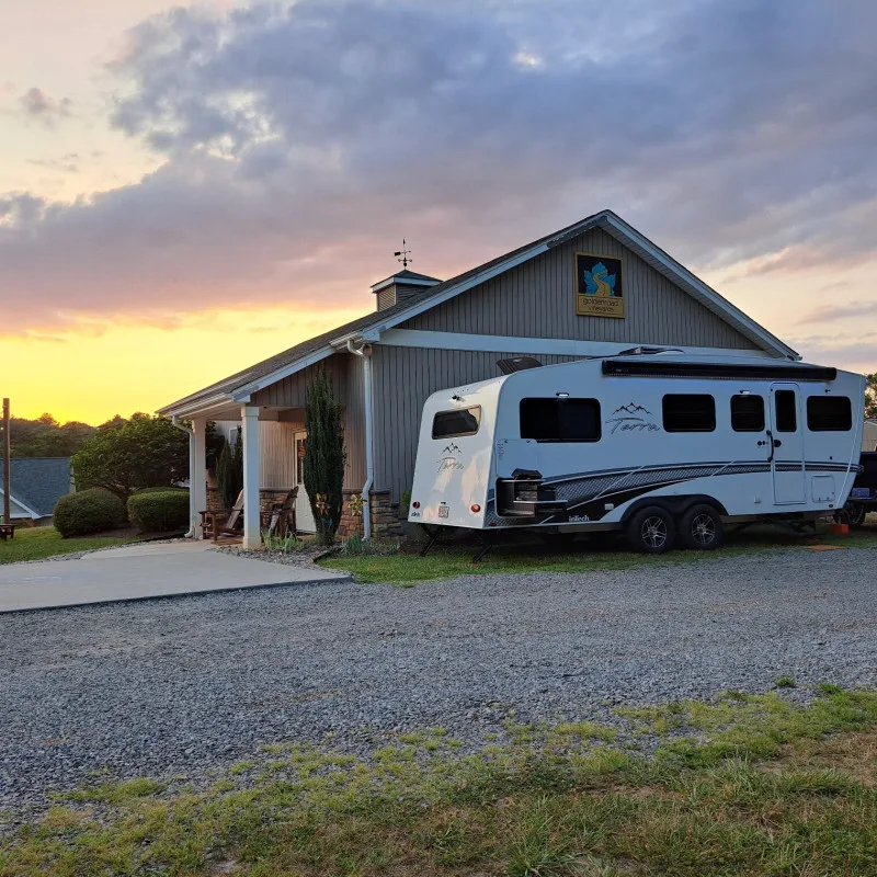 Harvest Host RV parked at the tasting room. RV parking provides access to a 30/50 Amp electric hookup and water.