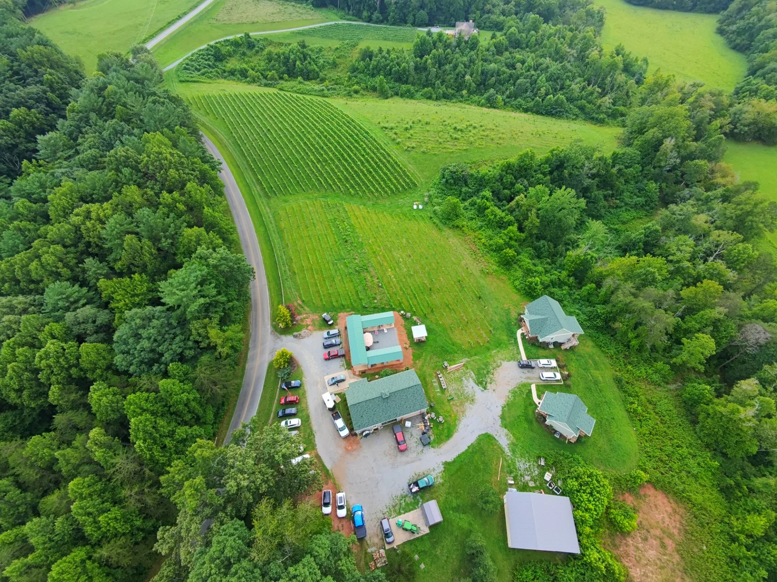 Overhead view of Golden Road Vineyards and Wine Way Cottages.